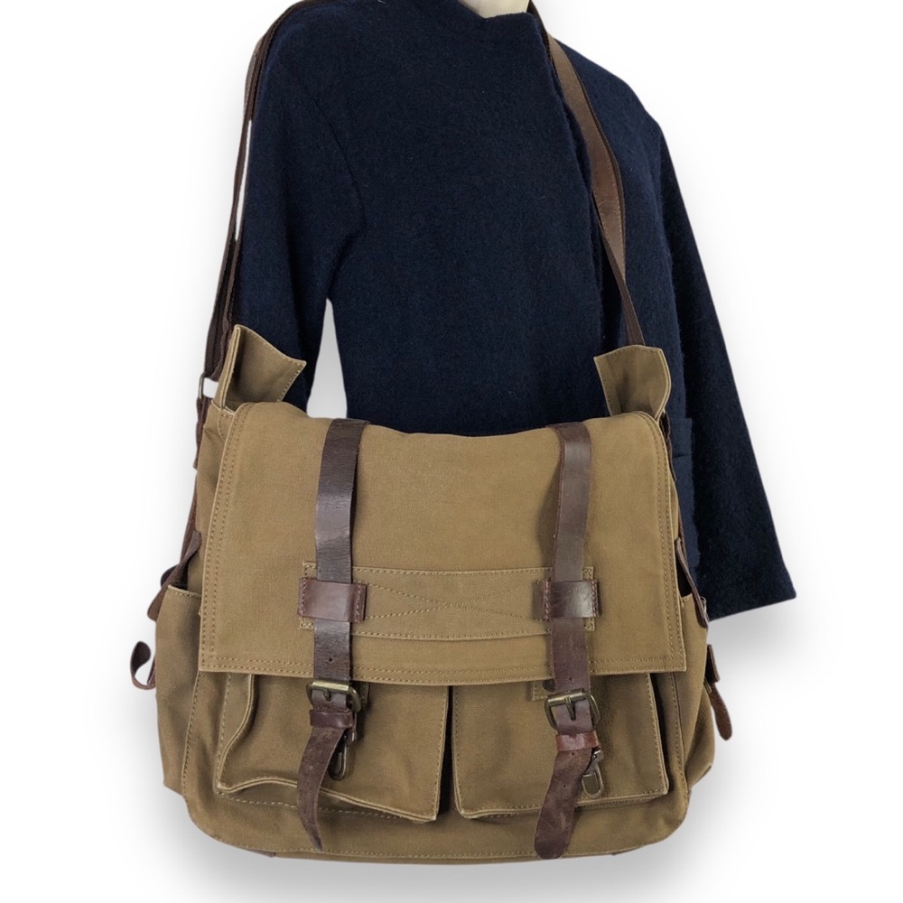 Rustic Town Men Brown Military Leather Canvas Messenger Bag L Shoulder Crossbody